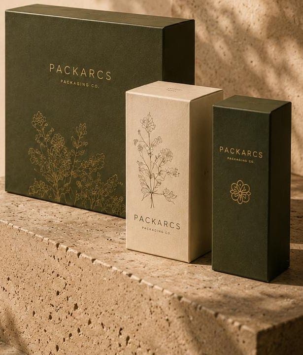 Green and cream PACKARCS boxes with gold botanical foil on a travertine ledge
