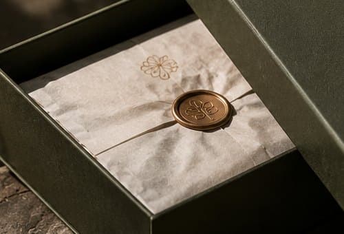 Bronze wax seal pressed onto cream tissue inside a drawer box