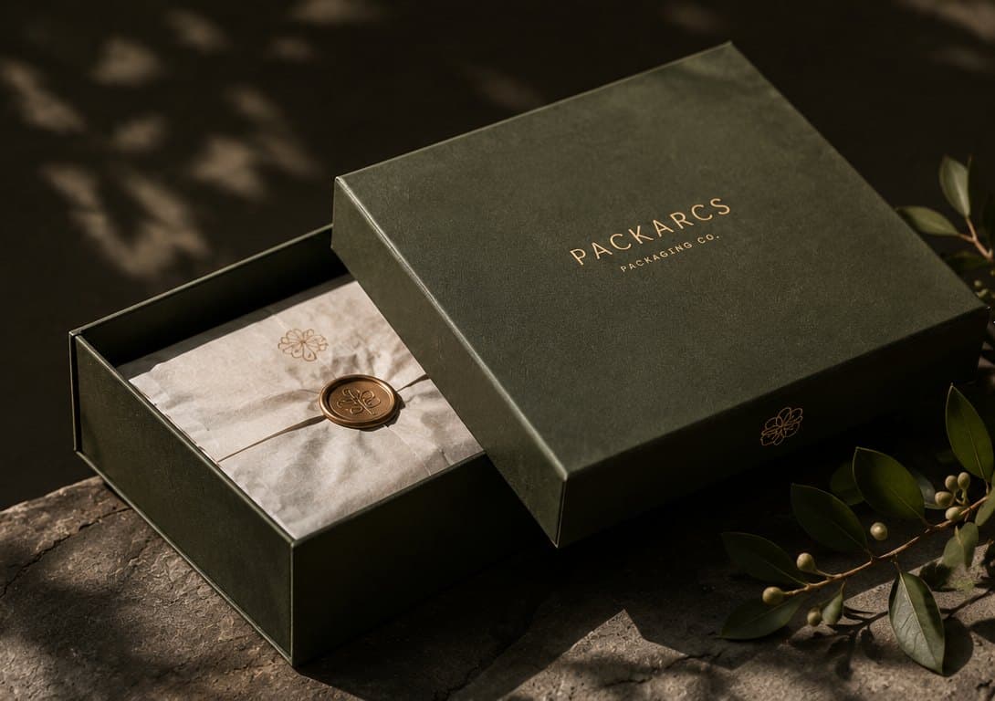 A forest green drawer box half open on a dark stone, olive leaves at its side