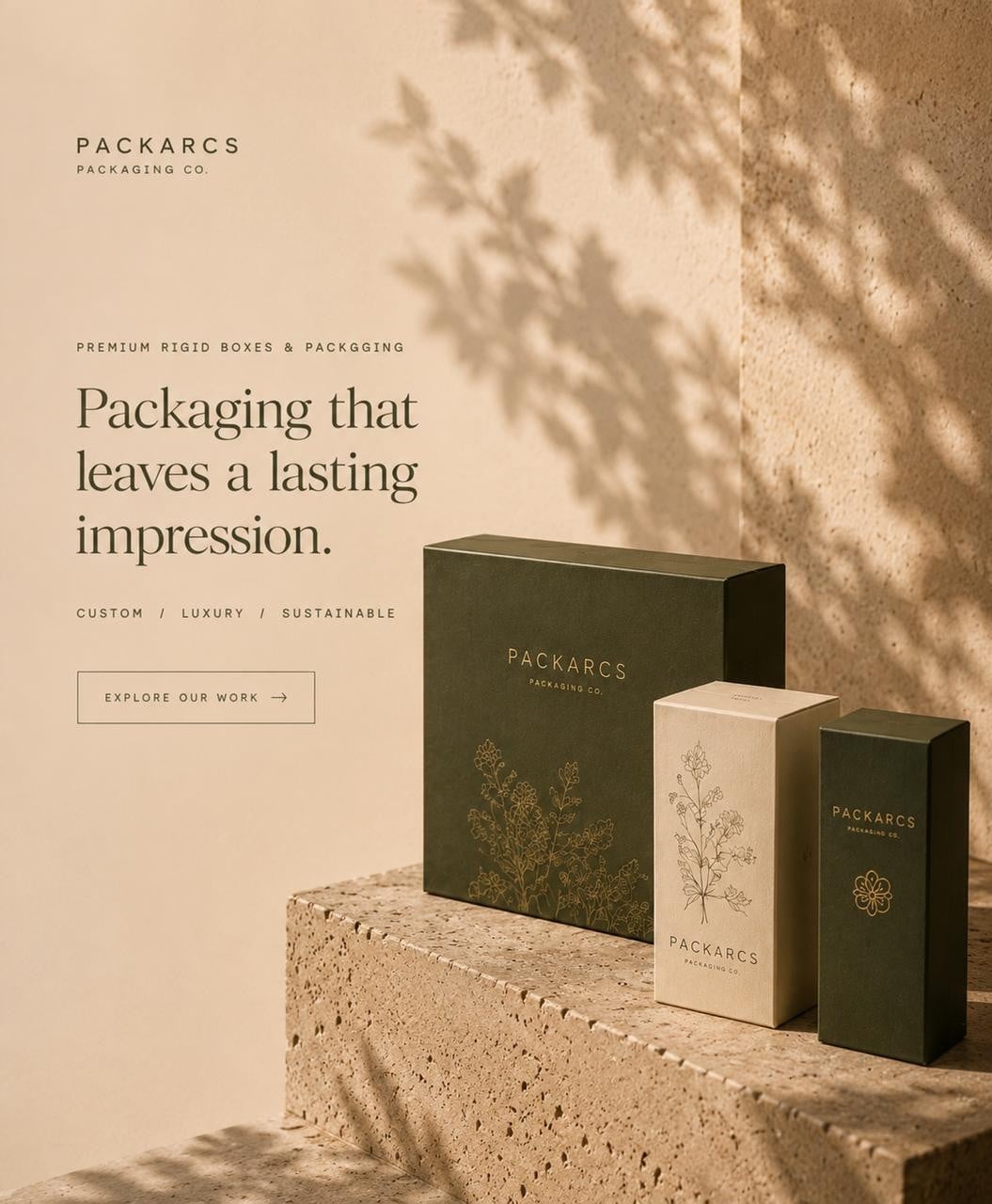 Green and cream rigid boxes with gold botanical foil. Packaging that leaves a lasting impression.